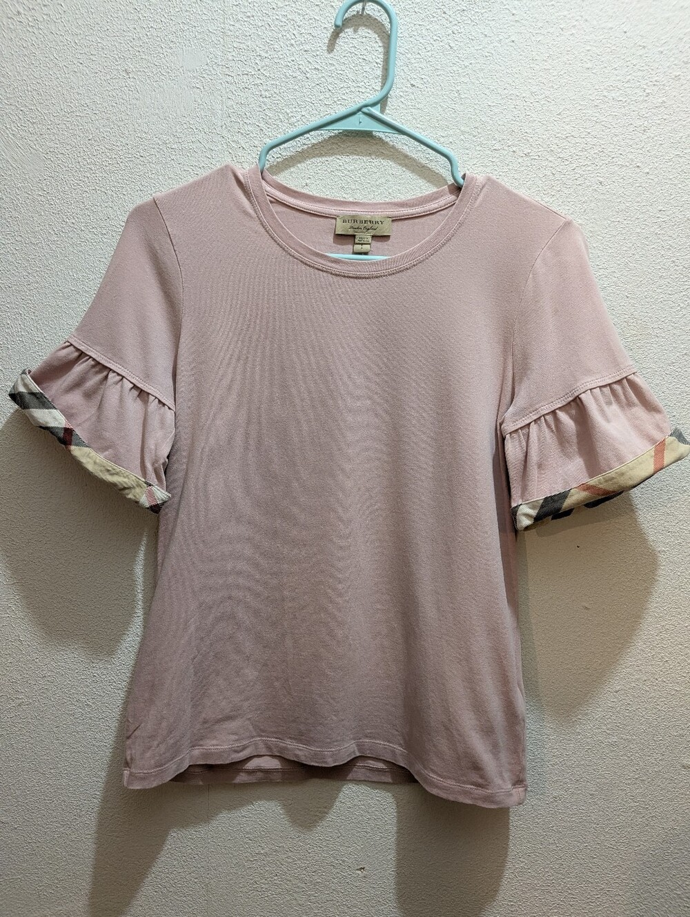 Burberry Light Pink Ruffle Sleeve Cotton Tee with Check Trim